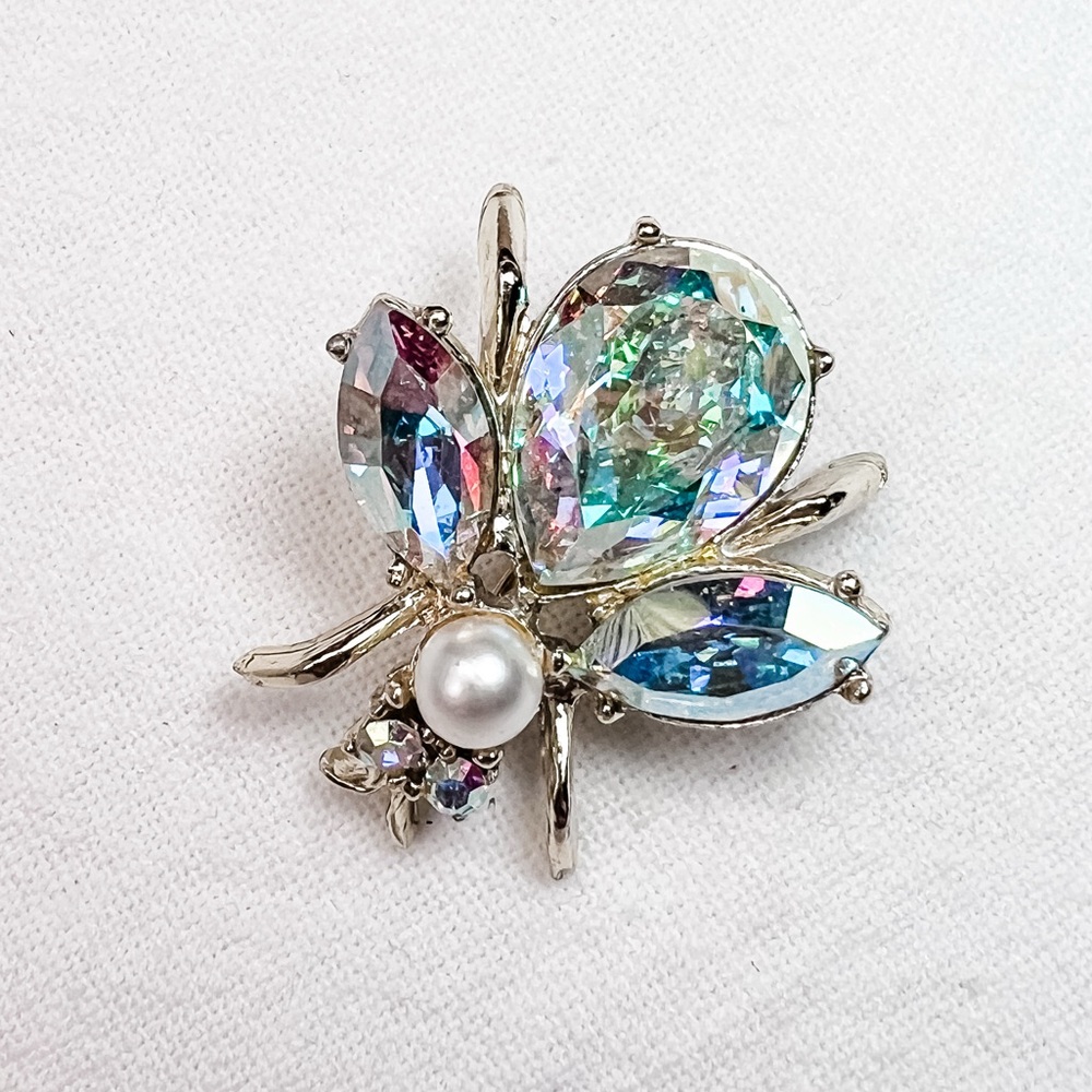 RARE Vintage Large Faceted AB Rhinestone Bee Brooch Pin